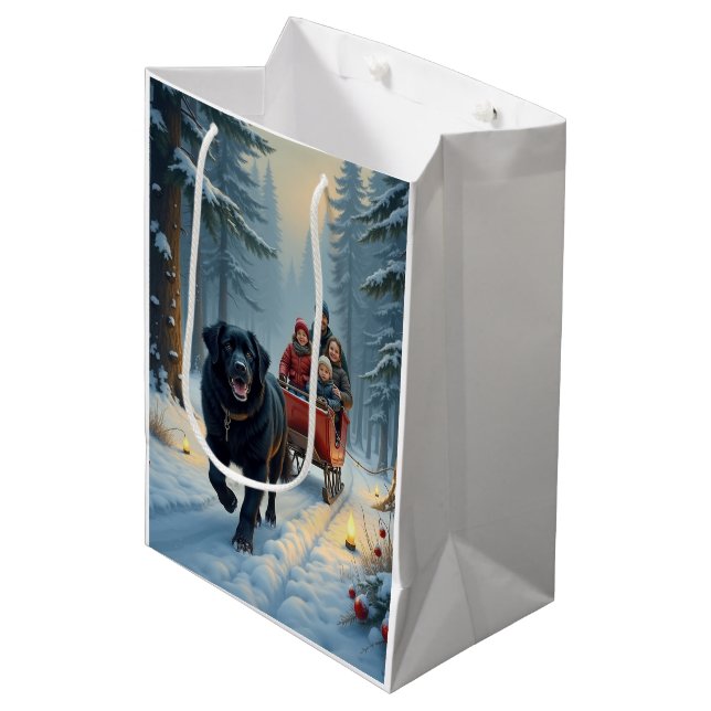 Sacola Para Presentes Média Newfoundland Dog Snowy Sleigh Ride Christmas (Frente inclinada)