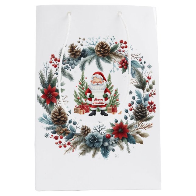 Sacola Para Presentes Média Noel Claus Winter Wreath Happy Holidations (Frente)