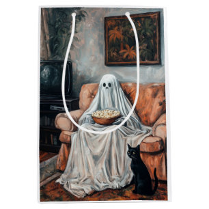 Sacola Para Presentes Média Noite de Filme Spooky Fantasma e Cat Assistindo
