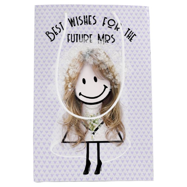 Sacola Para Presentes Média Noiva boneca desenhada em corações de lavanda (Frente)