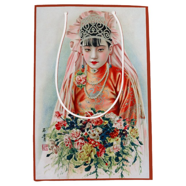 Sacola Para Presentes Média Noiva de Vermelho no Casamento Chinês em Xangai (Frente)