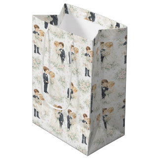 Sacola Para Presentes Média Noiva Loira Casal Florais Aquarela Casamento
