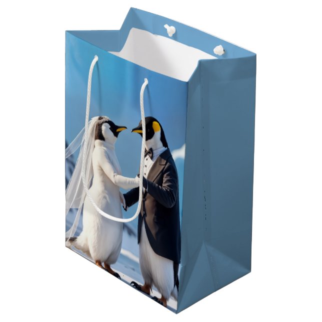 Sacola Para Presentes Média Noivos Pinguins Dançantes (Frente inclinada)