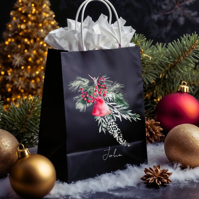Sacola Para Presentes Média Nome Aquarela Moderno Script Feliz Natal (Criador carregado)