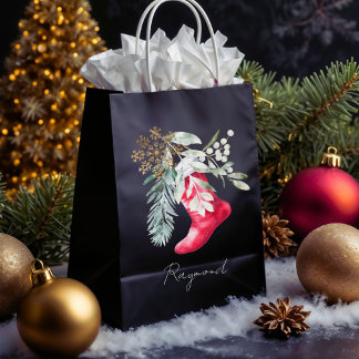 Sacola Para Presentes Média Nome Aquarela Script Meia Elegante Natal