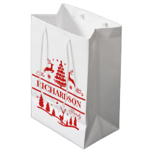 Sacola Para Presentes Média Nome da Família Personalizada Red White Christmas