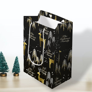 Sacola Para Presentes Média Nome da família personalizada Reindeer Dourado Na