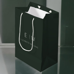 Sacola Para Presentes Média Nome de Monograma Minimalista Moderno Verde Escuro