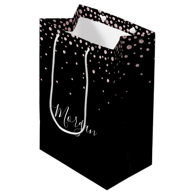 Sacola Para Presentes Média Nome DIY Branco Script Queda Diamantes Rosa, Preto (Frente inclinada)