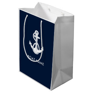 Sacola Para Presentes Média Nome do barco âncora náutica azul marinho moderno