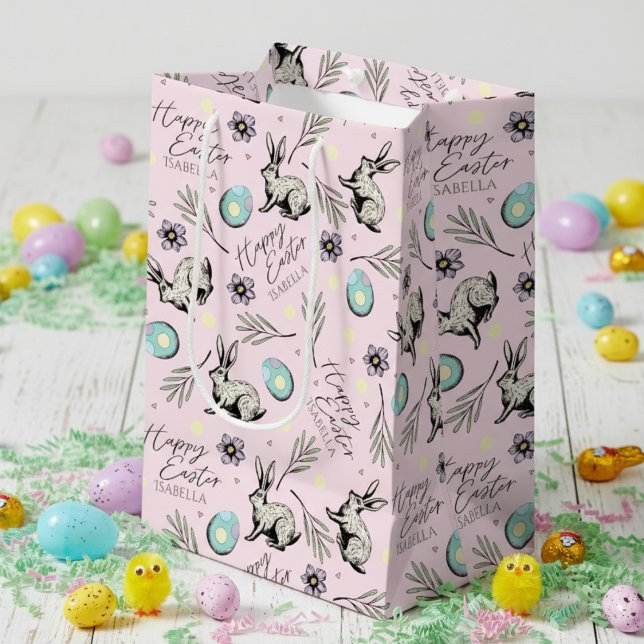 Sacola Para Presentes Média Nome do Felz pascoa Rosa Bunny (Cute Happy Easter Pastel Pink Gift Bags for Kids Egg Hunt with Name. Bunny Rabbit, Eggs & Flowers)