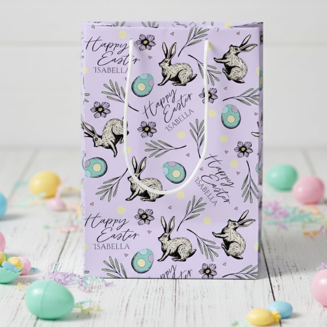 Sacola Para Presentes Média Nome do Felz pascoa Roxo Bunny (Cute Happy Easter Pastel Purple Gift Bags for Kids Egg Hunt with Name. Bunny Rabbit, Eggs & Flowers)