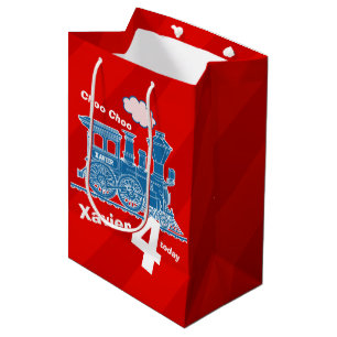 Sacola Para Presentes Média Nome do menino idade trem louco vermelho azul 4º a