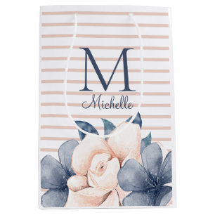 Sacola Para Presentes Média Nome do Monograma Floral Azul Rosa Girly Riscado