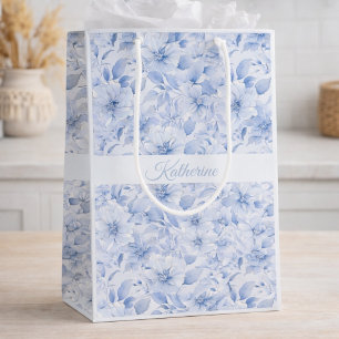 Sacola Para Presentes Média Nome do padrão floral em aquarela azul moderno Esp