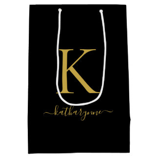 Sacola Para Presentes Média Nome do Script do Monograma Dourado Preto Moderno