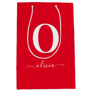 Sacola Para Presentes Média Nome do Script Monograma Personalizado Vermelho e