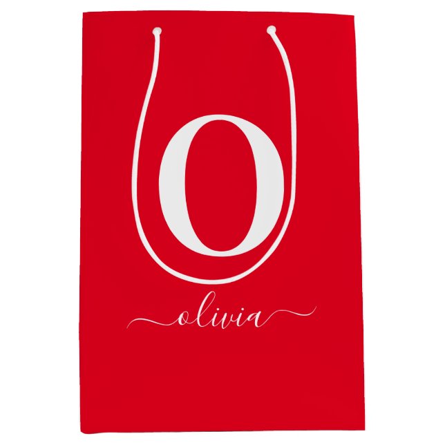 Sacola Para Presentes Média Nome do Script Monograma Personalizado Vermelho e  (Frente)