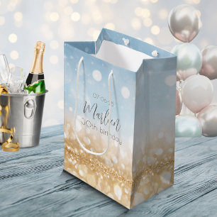 Sacola Para Presentes Média Nome dourado brilhante azul de aniversário