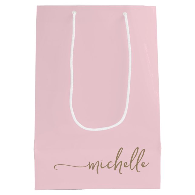 Sacola Para Presentes Média Nome em Script Monograma Dourado Chic Rosa Bege (Verso)