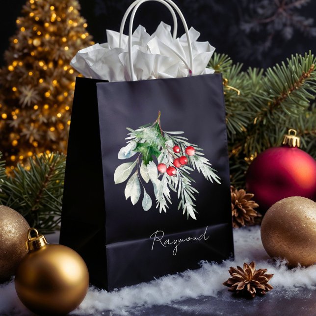 Sacola Para Presentes Média Nome Moderno Aquarela Script Feliz Natal (Criador carregado)