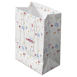 Sacola Para Presentes Média Nome Monograma Colorido Padrão de Flor Silvestre J