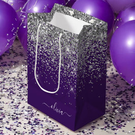 Sacola Para Presentes Média Nome Monograma Glitter Roxo Prateado Feminino