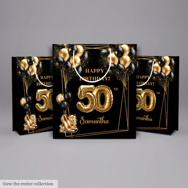 Sacola Para Presentes Média Nome Personalizado 50º Aniversário Gift Bag Black  (Custom Name 50th Birthday Gift Bag Black Gold)