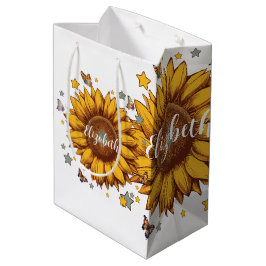 Sacola Para Presentes Média Nome personalizado do presente de girassol retro f
