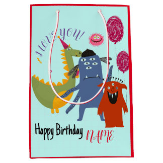 SACOLA PARA PRESENTES MÉDIA NOME PERSONALIZADO E TEXTO FELIZ MONSTER GIFT BAG