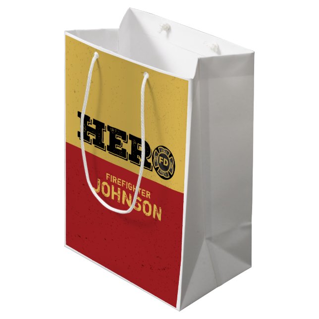 Sacola Para Presentes Média Nome Personalizado, Herói do Bombeiro (Frente inclinada)