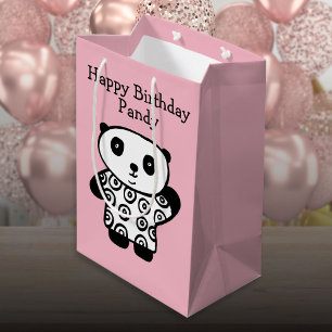 Sacola Para Presentes Média Nome Personalizado Panda Rosa Feliz Aniversário