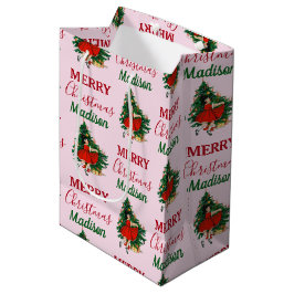 Sacola Para Presentes Média Nome Personalizado Retro Christmas Girl Tree Rosa