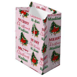 Sacola Para Presentes Média Nome Personalizado Retro Christmas Girl Tree Rosa