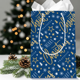 Sacola Para Presentes Média Nome Personalizado Script de Natal Blue Faux Doura