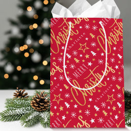 Sacola Para Presentes Média Nome Personalizado Script de Natal Red Faux Dourad