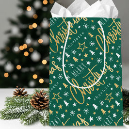 Sacola Para Presentes Média Nome Personalizado Script Green Faux Dourado