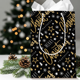 Sacola Para Presentes Média Nome Personalizado Script Natal Preto Faux Dourado