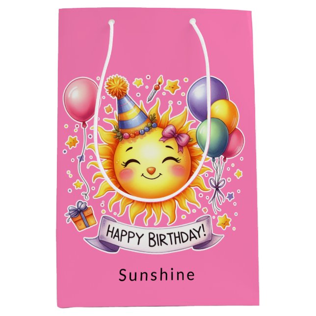 Sacola Para Presentes Média Nome personalizado sunshine Feliz Aniversário Rosa (Frente)