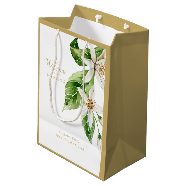 Sacola Para Presentes Média Nomes de Boas-Vindas de Casamento White Floral (Verso inclinado)