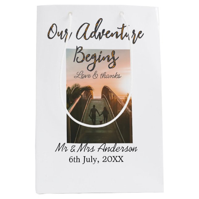 Sacola Para Presentes Média Nossa aventura começa casal foto amor e obrigados (Frente)