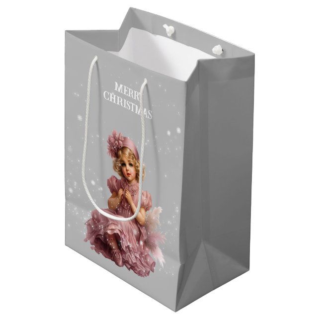 Sacola Para Presentes Média Nostalgia Feliz Natal em rosa-gelo (Frente inclinada)