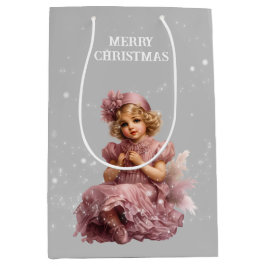 Sacola Para Presentes Média Nostalgia Feliz Natal em rosa-gelo