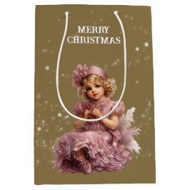 Sacola Para Presentes Média Nostalgia Feliz Natal em rosa-gelo