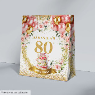 Sacola Para Presentes Média Numero Dourado Elegante, 80 de Aniversário, Blush