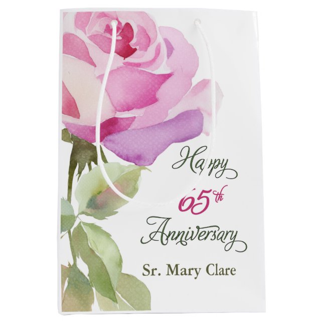 Sacola Para Presentes Média Nun 65th Anniversary Custom Name Pink Rose (Frente)