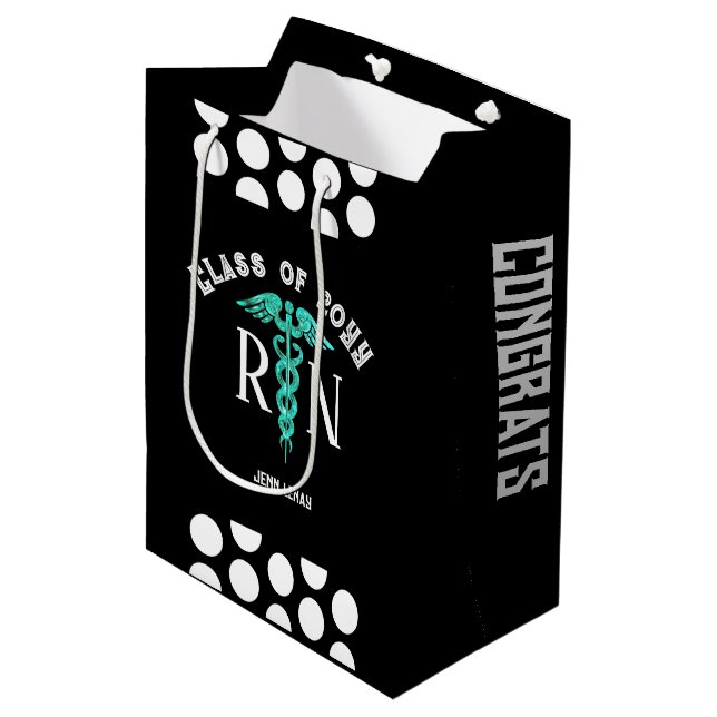 Sacola Para Presentes Média Nurse RN Graduação Preto Branco Personalizado (Frente inclinada)
