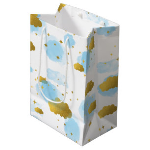 Sacola Para Presentes Média Nuvens de Aquarela Azul Douradas Estrelas Céu