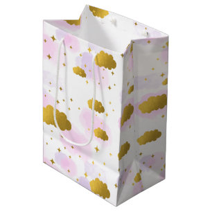 Sacola Para Presentes Média Nuvens de Aquarela Rosa Douradas Estrelas Céu