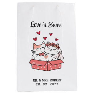 Sacola Para Presentes Média O Amor é Doce Gatinho Fofo Noiva e Noivo Casamento